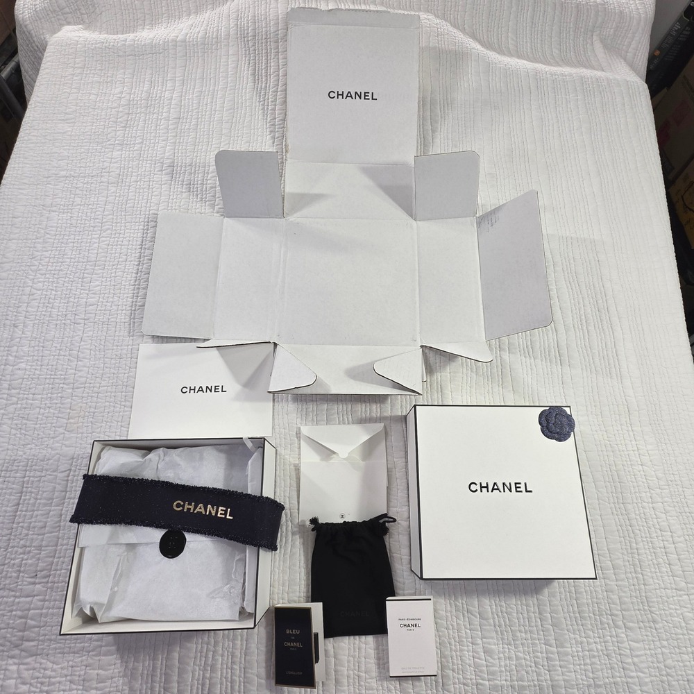 CHANEL Complete Gift Box Packaging Bundle Navy Ribbon Camellia Pouch & Samples
